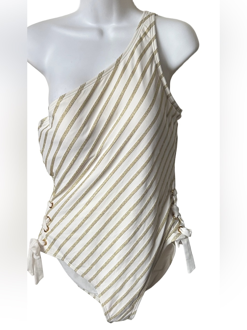 Jantzen One Piece Size 16 Metallic texture stripe Single shoulder Lace up sides